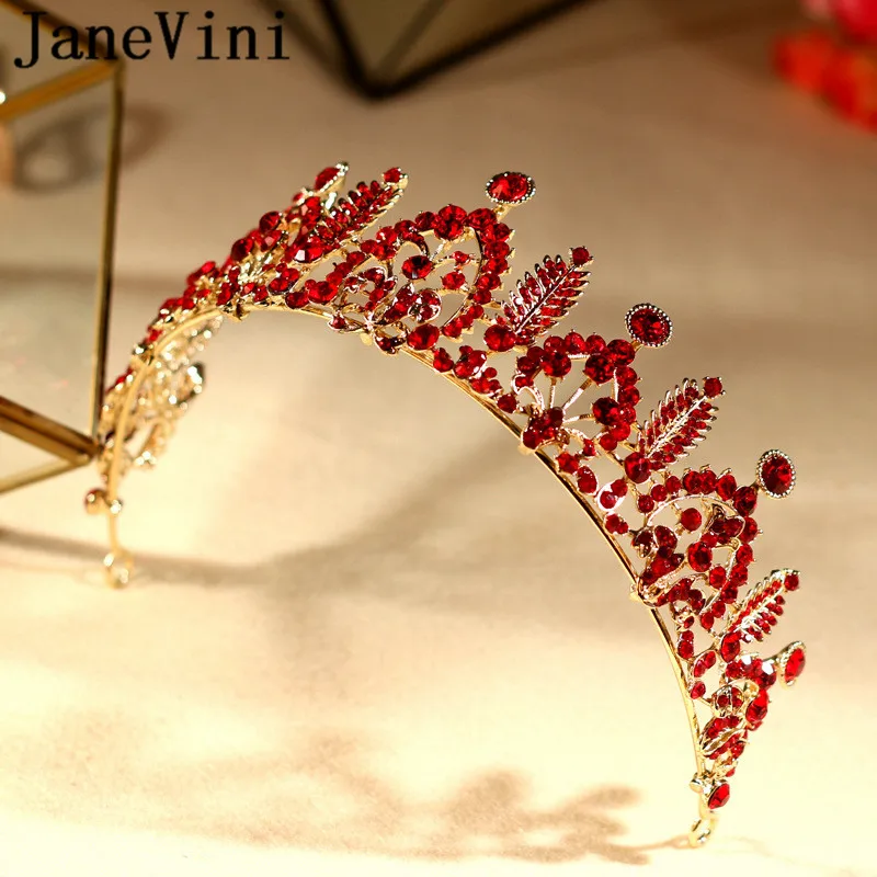 JaneVini 2019 Sparkly Crystal Bridal Tiara Hair Crown Wedding Hairbands Red Rhinestones Gold Metal Headband Prom Hair Jewelry