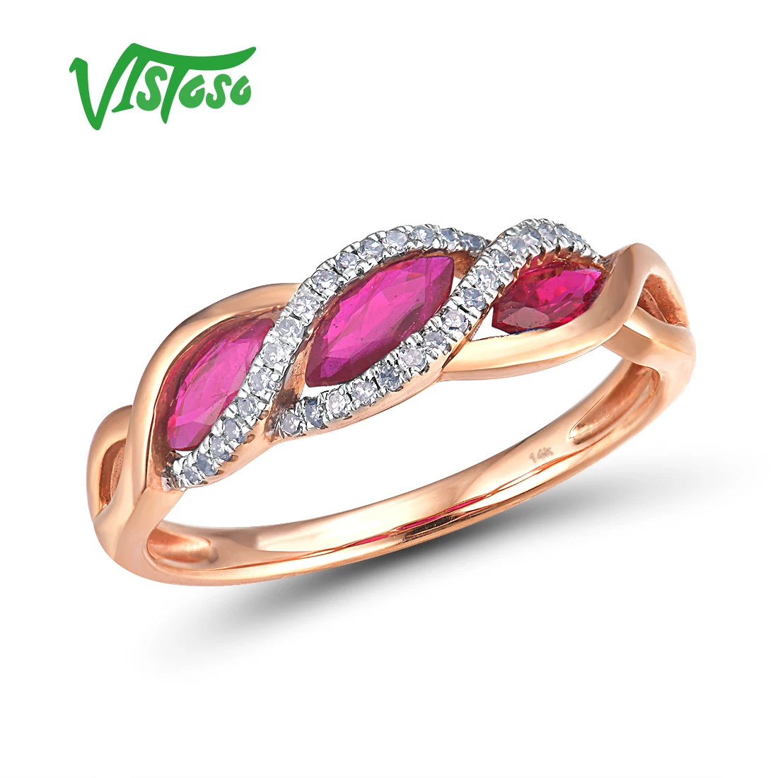 

VISTOSO Genuine 14K585 Rose Gold Fancy Ruby Shiny Diamond Ring For Lady Wedding Engagement Anniverary Trendy Luxury Fine Jewelry