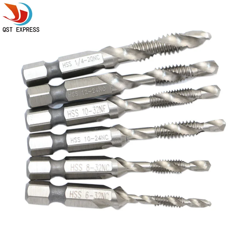 

High Quality 6pc Hex Shank HSS Screw Spiral Point Thread American Plug Hand Tap Drill Bits 6-32/8-32/10-24/10-32/12-24,1/4-20