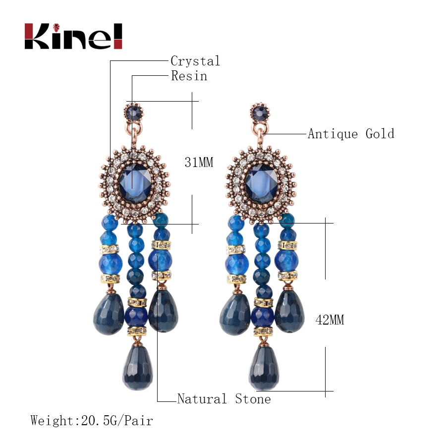 Kinel Blue Natural Stone Tassel Earrings For Women Fashion Antique Gold Color Vintage Jewelry Luxury Crystal Gift 2018 New