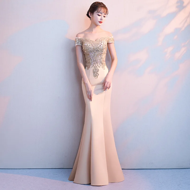 2019 neue Mode Meerjungfrau Abendkleid Gold Appliques Sexy Weg Von der Schulter Backless Prom Party Kleid Robe De Soiree