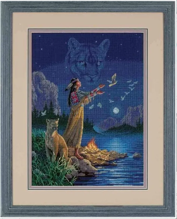 Amishop Counted Cross Stitch Kit, Hidden Spirits Animals, Tiger, Birds, Moon, Lake, at Night Dim 35055, Top Quality, Beautiful