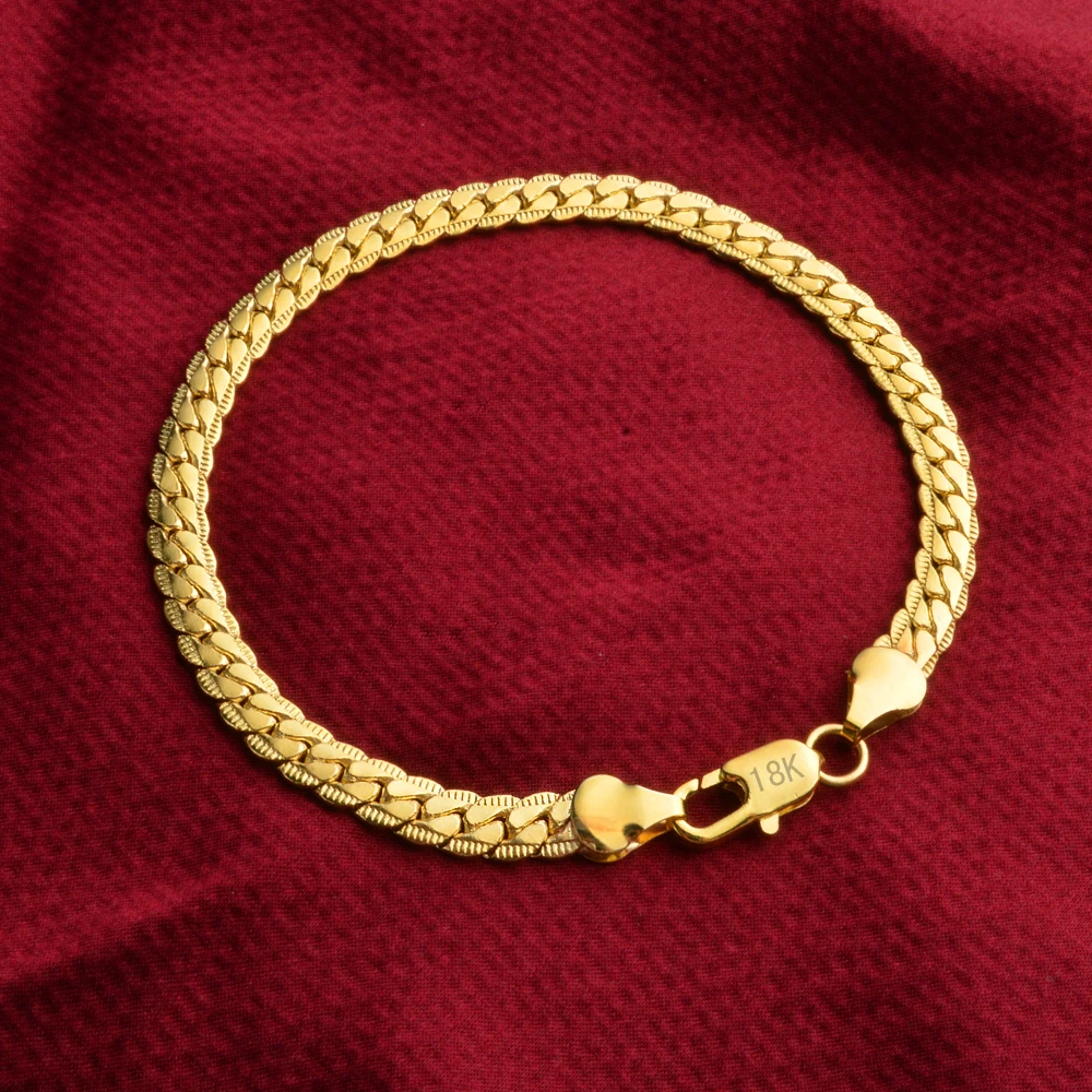 Wholesale 18k Gold Plated 5mm Sideways Chain Bracelets for Men Women 20cm Fashion Gold Color Men\'s Bracelet Party Jewelry Gift