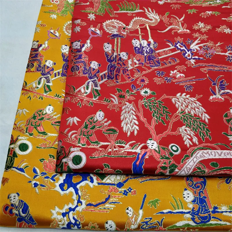 CF584 Red/Golden Dragon Kids Embroidered Brocade Fabric Chinese Silk Stain Fabric For Chinese Couple's Wedding Cloth China Gifts