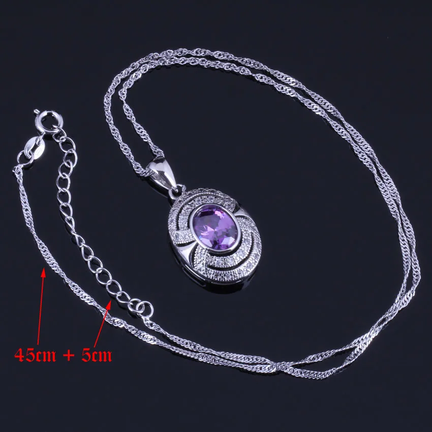 Gallant Oval Egg Purple Cubic Zirconia White CZ Silver Plated Jewelry Sets Earrings Pendant Chain Ring V0273