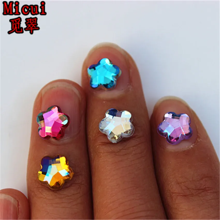 Micui 100pcs 8mm Flower Acrylic Rhinestone AB Crystal Stones Flat Back 3D Non HotFix Nail Art For Crafts Decorations MC361