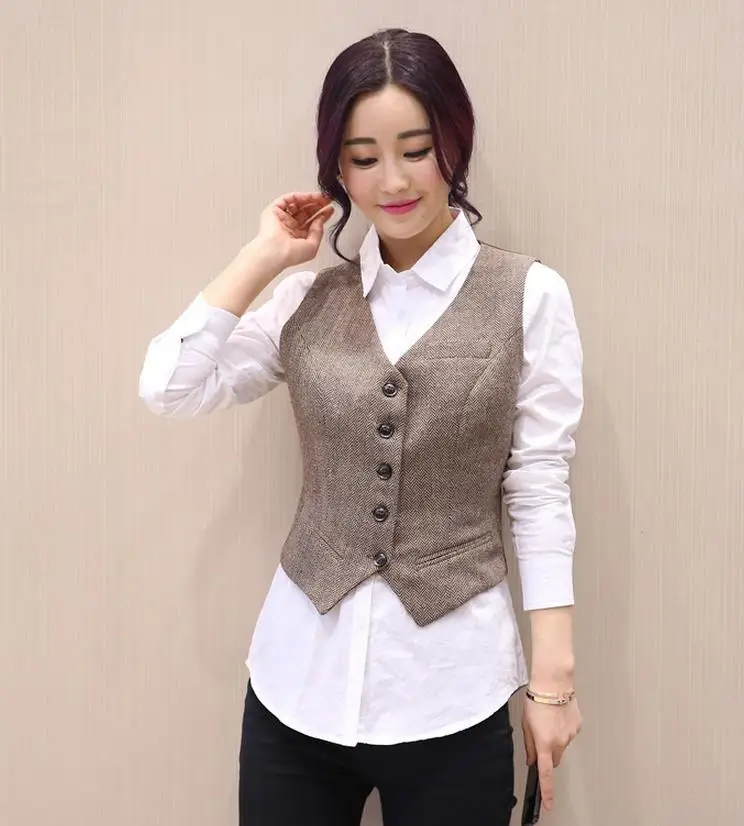 Spring New Suit Vest Ladies Waistcoat Short Jacket Casual Ol Coat Women 3xl Single-breasted woolen herringbone pattern pocket t