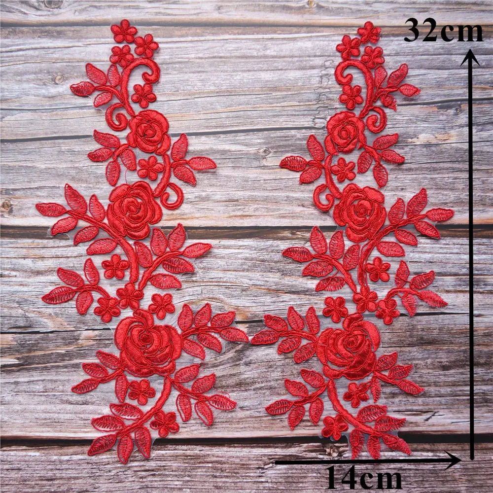 2PCS White Red Flowers Leaves Roses Mesh Fabric Wedding Appliques Sew Patches Lace Embroidery For Evening Dress DIY Decoration