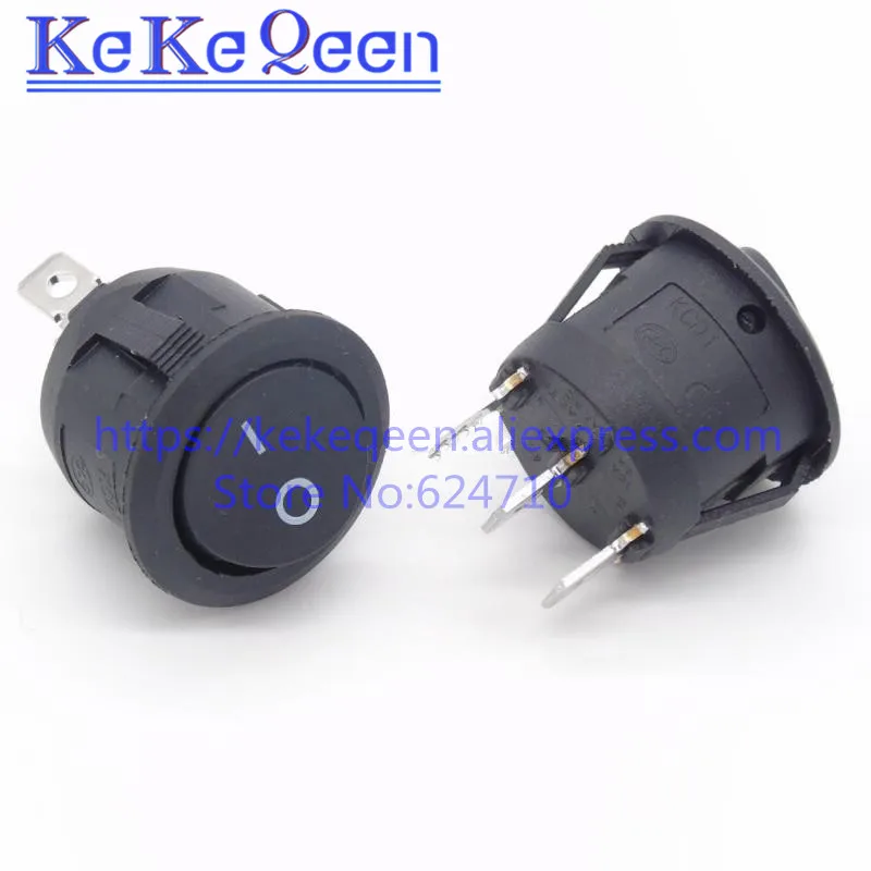 

10PCS/LOT 23mm Round Black 3 Pin 10A/125V 6A/250V AC 2 Position SPDT ON-OFF Rocker Switch Snap-in