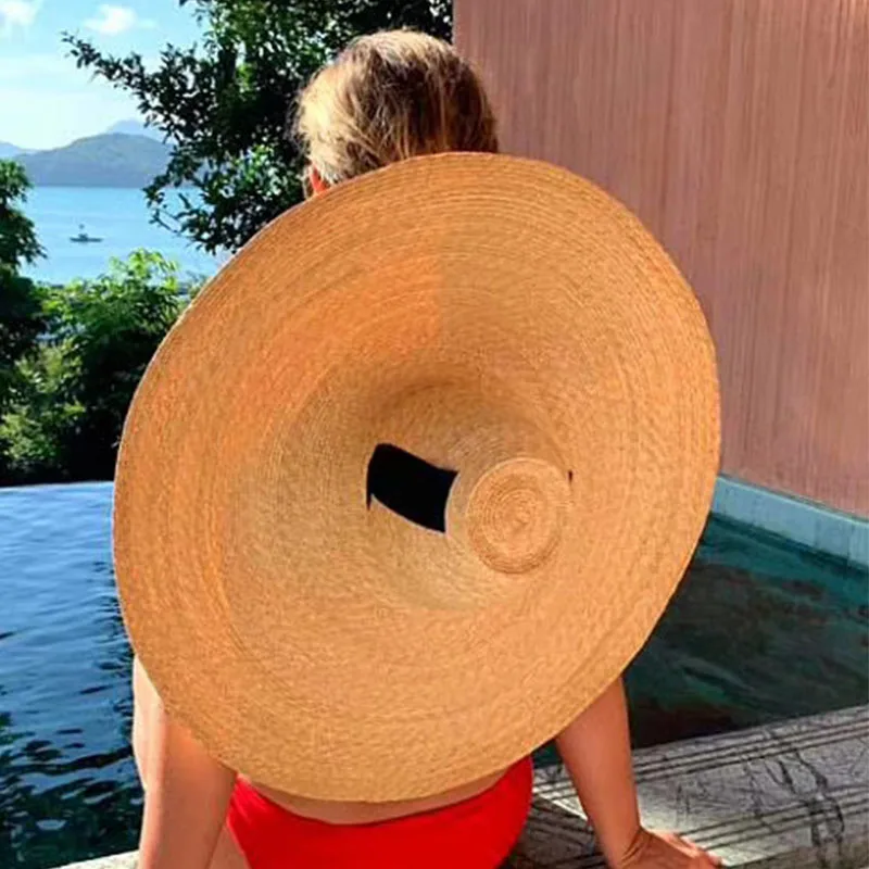 Women Natural Woven Giant Straw Hat Big Brim Floppy Sun Hat High Top Ribbon Band Giant Jumbo Sombrero Hat Adult Summer Beach Hat