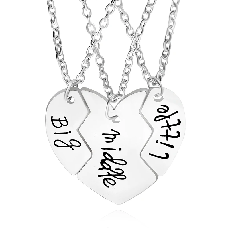 3 Pcs/Set Big Middle Little Sister Puzzle Heart Pendant Necklace Bestie Friendship Jewelry