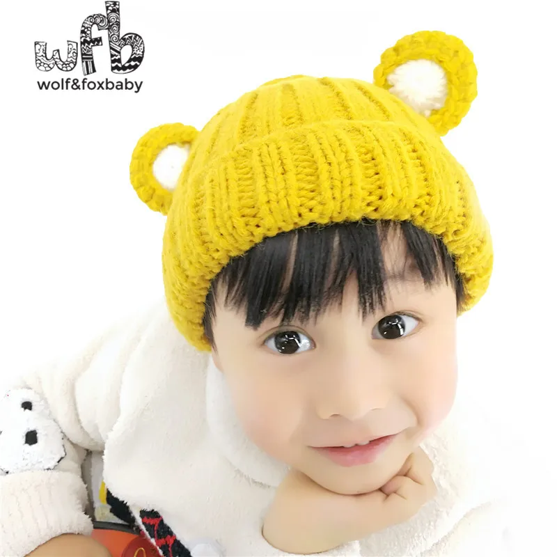 

Retail 50CM round cap solid color bear knitting Hairball warm cap baby children infant kids spring autumn fall winter