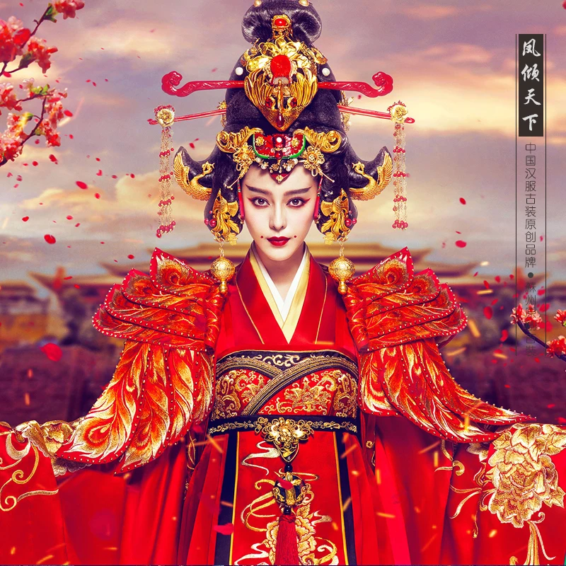 Delicate Embroidery Red Empress Costume with Long Tail TV Play Great Tang Empress - Wu Meiniang Actress Costume