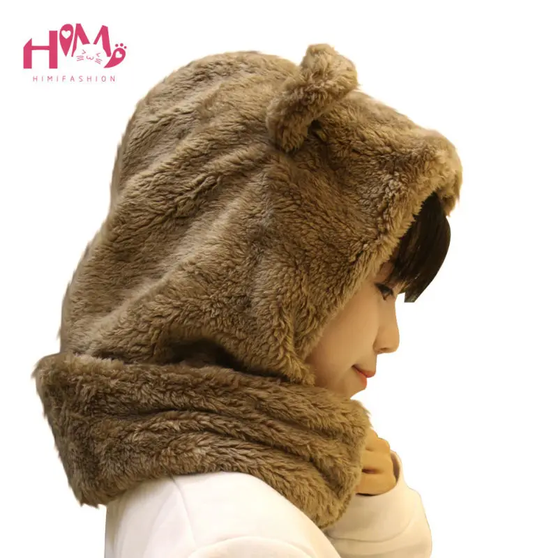 Winter Warm Headgear Feminine Thick Fabric Cute Bear Ear Fluffy Skullies Beanies Men Women Unisex White Hat Brown White Color