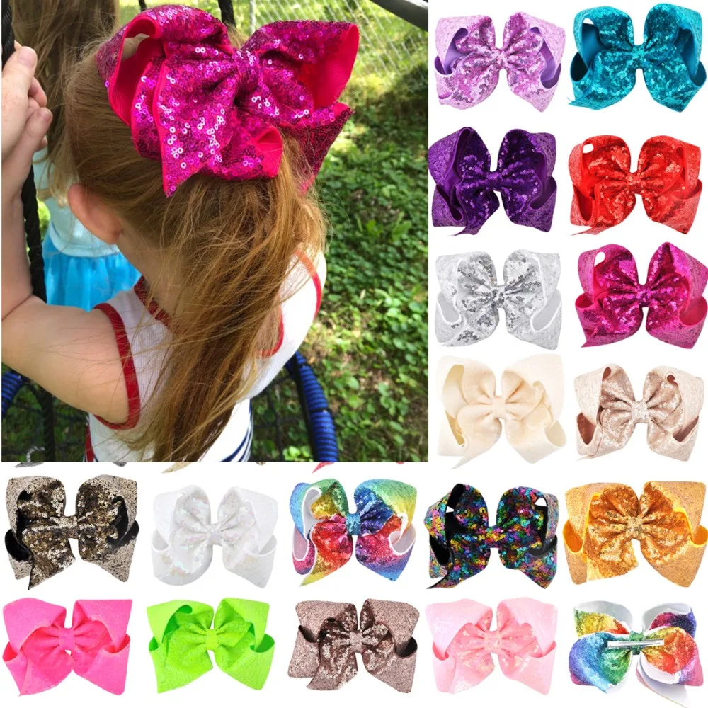 Adorabili 8 pollici/6 pollici bambini ragazze arcobaleno grandi grandi capelli fiocco paillettes accessori per capelli donne brillanti fermagli per capelli partito alligatore