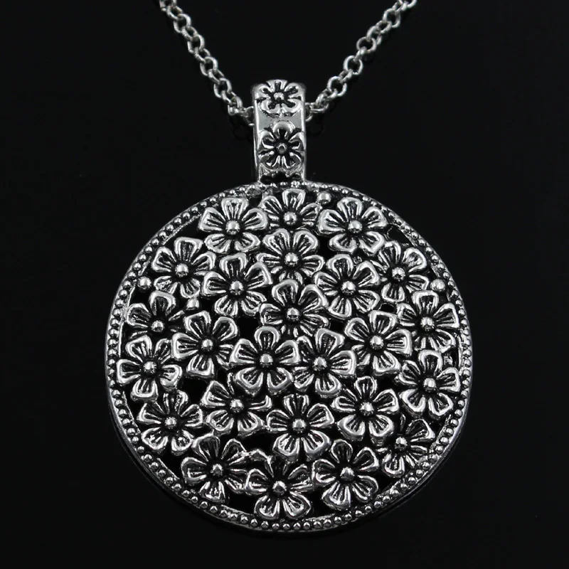 New Fashion Flower Covered Disc Pendants Round Cross Chain Short Long Mens Womens Silver Color  Necklace Jewelry Gift