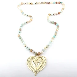 Fashion Bohemian Jewelry Semi Precious Stones Long Knotted Metal Heart Pendant Necklaces