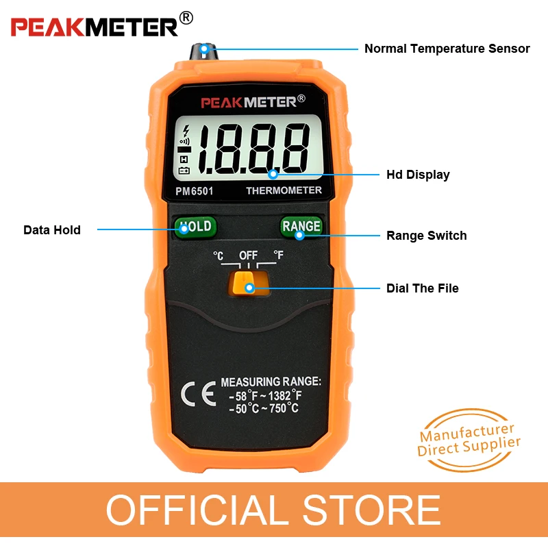 PEAKMETER PM6501 LCD Display Wireless K Type Digital Thermometer Temperature Meter Thermocouple W/Data Hold/Logging