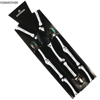 FOXMOTHER New Hip Hop 1 Inch Wide Clip On Adjustable Black Bone Skull Suspenders Braces Mens Womens