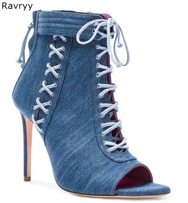 Denim Woman sandals cross-tied blue short sandal boots summer fashion thin heel high heels cover heel peep toe female shoes