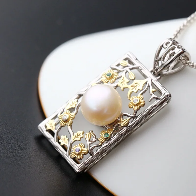 

Vintage hollow pattern s925 pure silver woman pendant handmade inlaid natural pearls