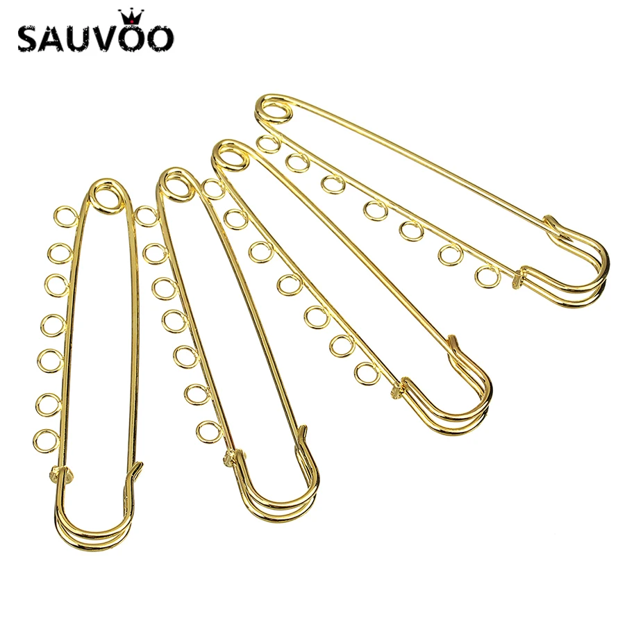 SAUVOO 10pcs Gold Color Metal Iron 7 Hole Safety Brooch Pins Length 80mm for DIY Handmade Jewelry Making Findings Accessories