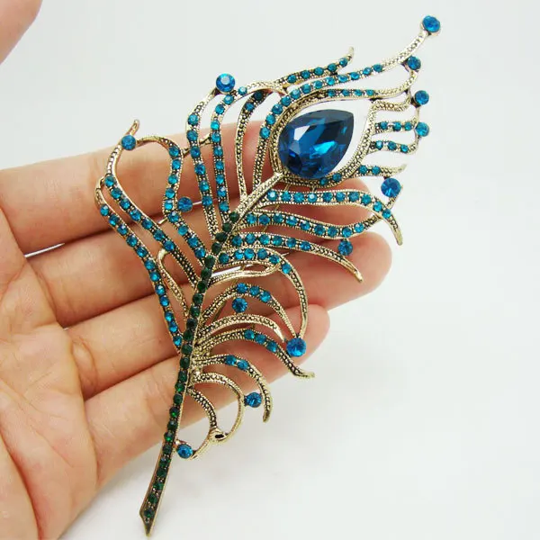 Gorgeous Peacock Feather Gold Tone Blue Rhinestone Crystal Brooch Pin