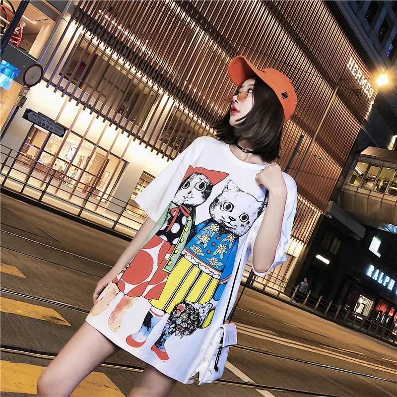 Cat Printed Casual Boyfriend Style Loose Top T-Shirt 2022 Women Summer Cotton White Large  Short Sleeve Long Tops