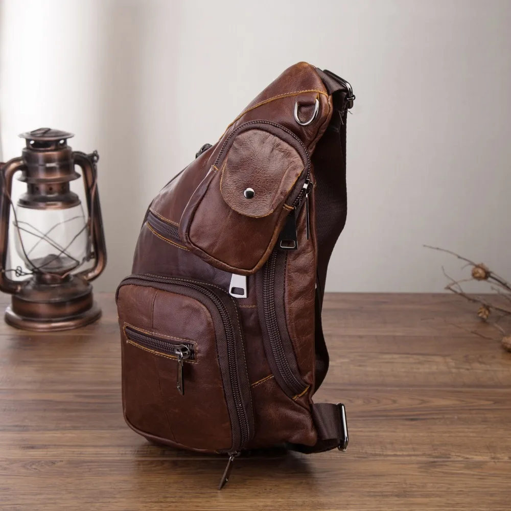 Genuine Leather Men Casual Fashion Travel Triangle Chest Sling Bag Coffee Design 8\