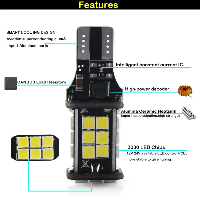 CAN-bus Error Free 12V 921 T15 W16W LED Bulbs For Audi BMW Mercedes Porsche Volkswagen For Backup Reverse Lights, Xenon White