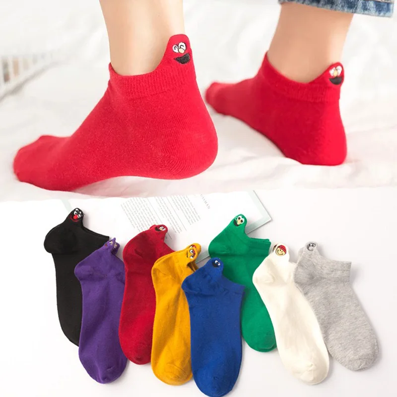 Kawaii Embroidered Expression Candy Color Woman Socks Happy Fashion Girl Ankle Funny Socks Women Cotton Summer 1Pair