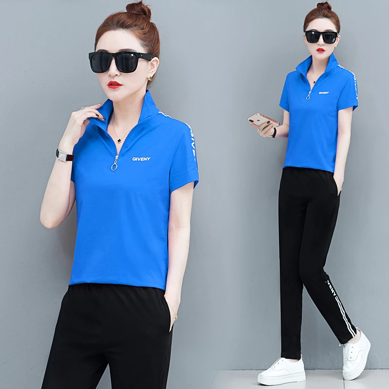 Summer Tracksuit Two Pieces Sets For Women Loose size Lady suit Short Sleeve Running Sports 2 Pieces Sets Tops And Long Pants