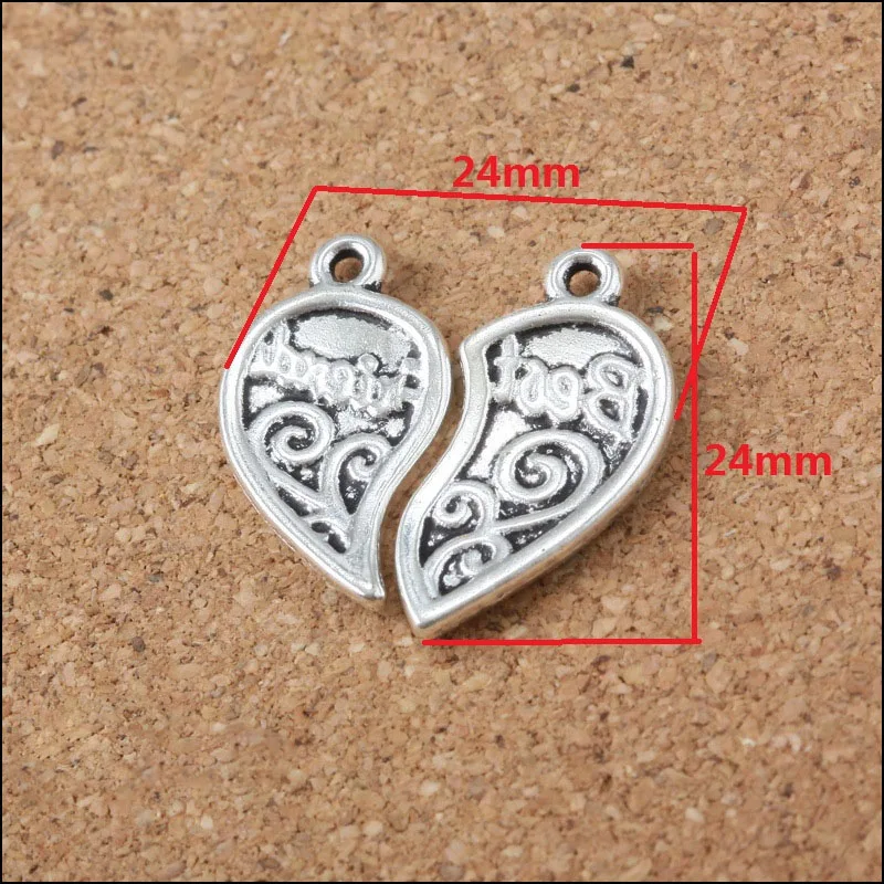 High Quality 5 Sets/Lot 24MM*24MM Antique Silver Color Heart Shaped Best Friend Charm Heart Charm Pendant For Jewelry Making