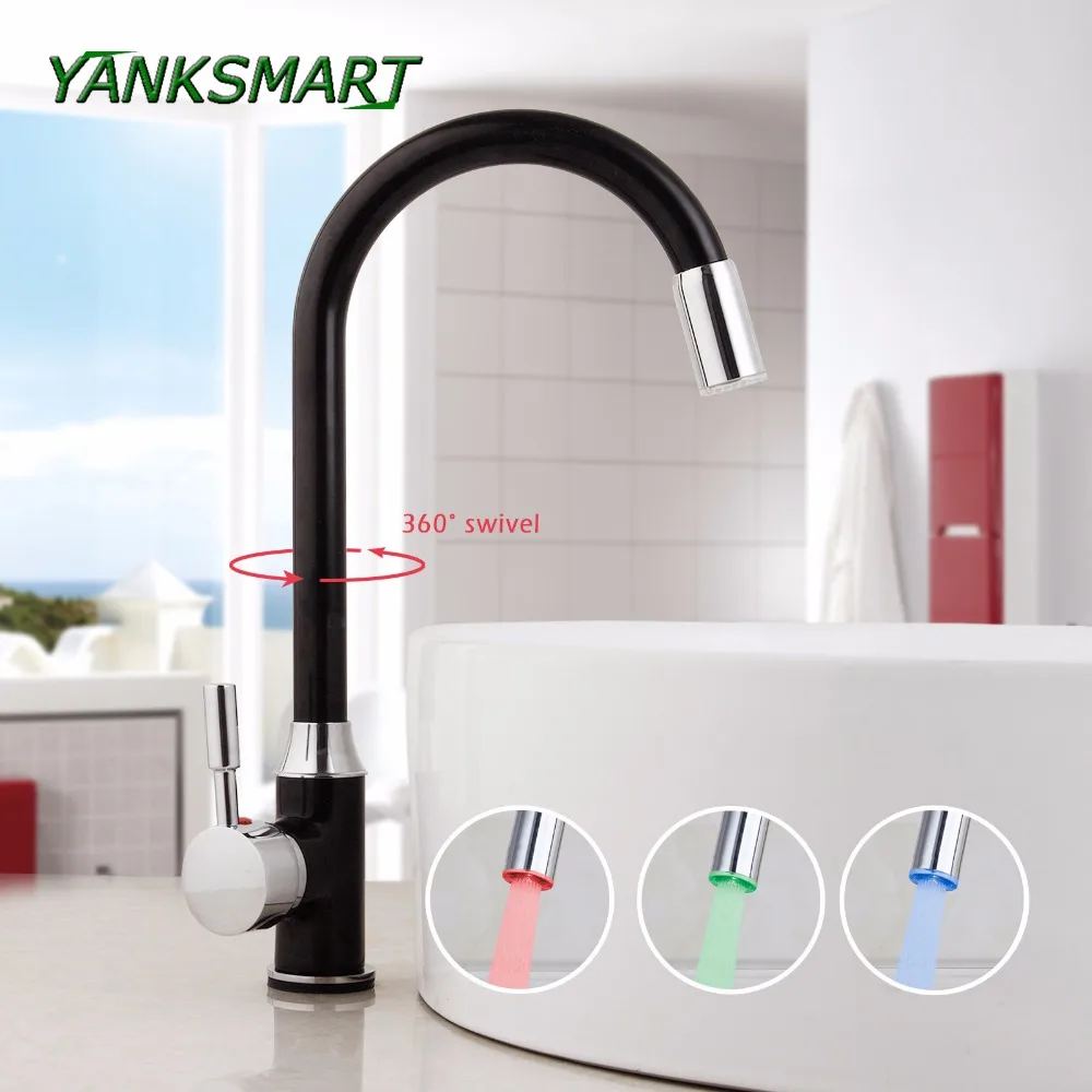 YANKSMART LED 3 colors Kitchen Faucet Swivel Spout Black Painting Sink Basin Mixer Single hand & hole Taps