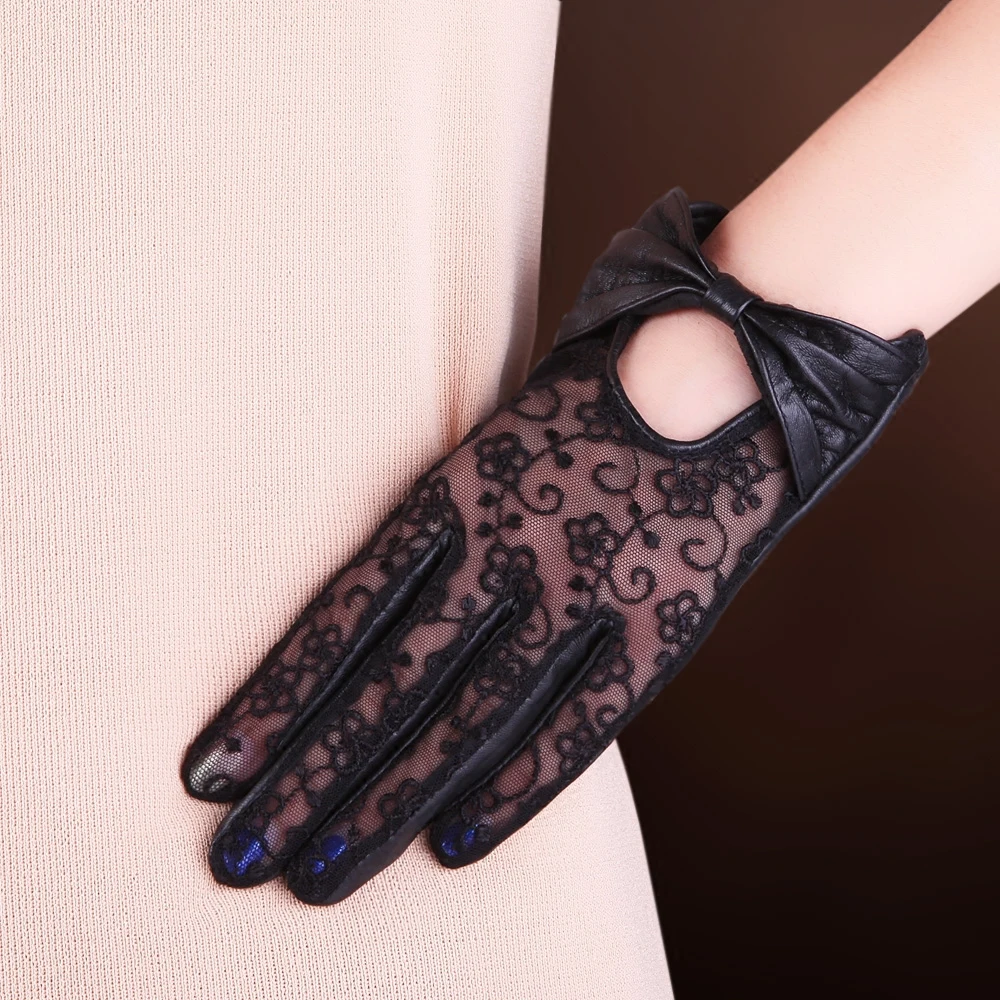 Women Genuine Leather Gloves Female Fashion Bowknot Lace Sunscreen Lambskin Leather Gloves Touchscreen L177N-1