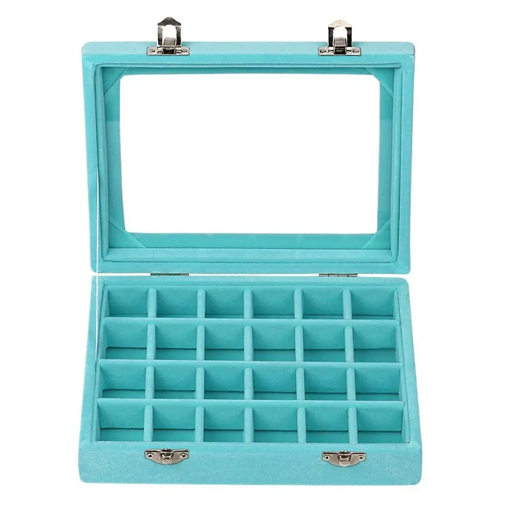 Light Blue 24Grids Velvet Glass Jewelry Ring Display Organiser Box Tray Holder Earrings Storage Case Bracelet Showcase With Lock