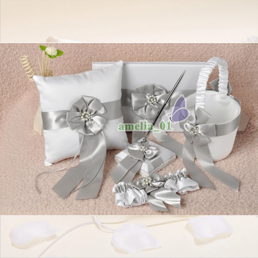 5Pcs/Set silver Satin Crystal Wedding Ring Pillow Guest Book +Pen Set Ring Pillow Flower Girls Basket  garter Wedding Bridal Set