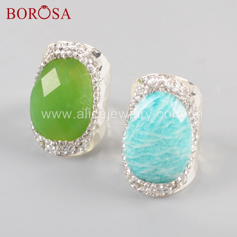 BOROSA 5PCS Silver Color Rhinestone Pave Multi-kind Faceted Stones Rings Natural Austrlian Jades Drusy Rings JAB946