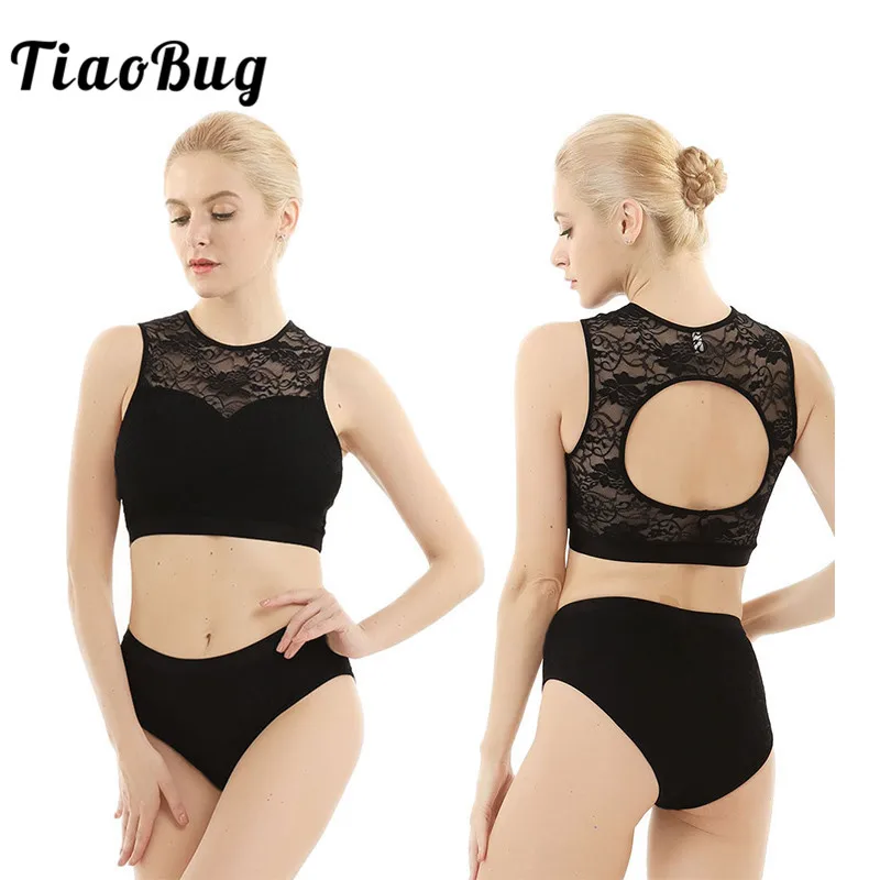 TiaoBug Women Sleeveless Back Hollow Activewear Lace Suits Sports Dance Wear Set Crop Tops with Hot Shorts Fitness Dance Costume