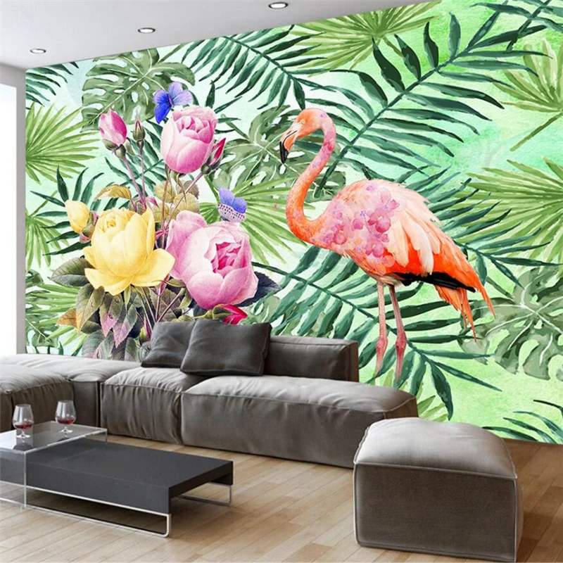 wellyu Nordic style fresh watercolor green leaf flower flamingo background custom large mural green silk cloth wallpaper