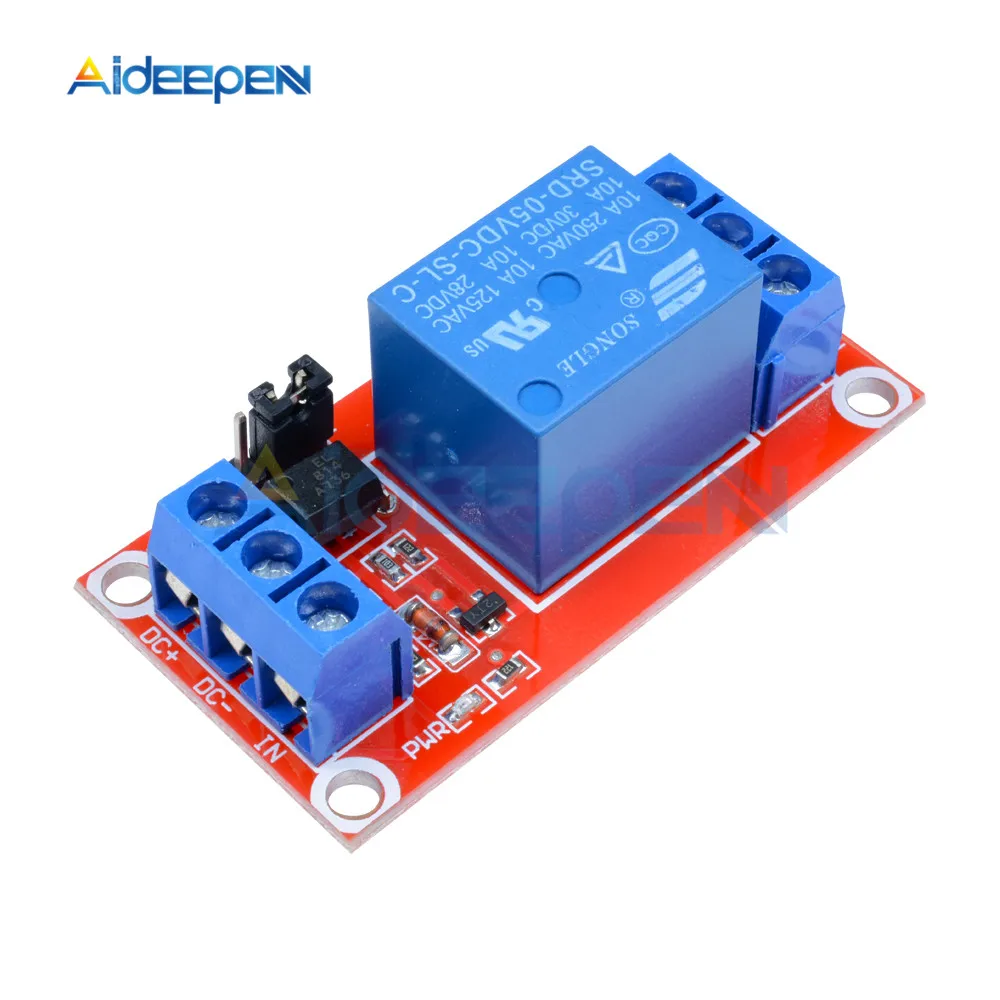 Ein 1-Kanal-Relaismodul DC 5V 9V 12V 24V mit Hoch- und Niedrigpegel-Trigger, Relaissteuerung mit Optokoppler, rot – Detail 4