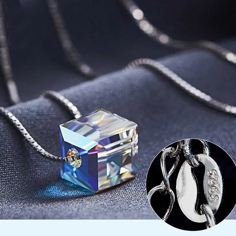 925 Sterling Silver Original Crystals From Austrian Square Cube Necklaces & Pendants For Women Fashion Jewelry Bijoux Femme