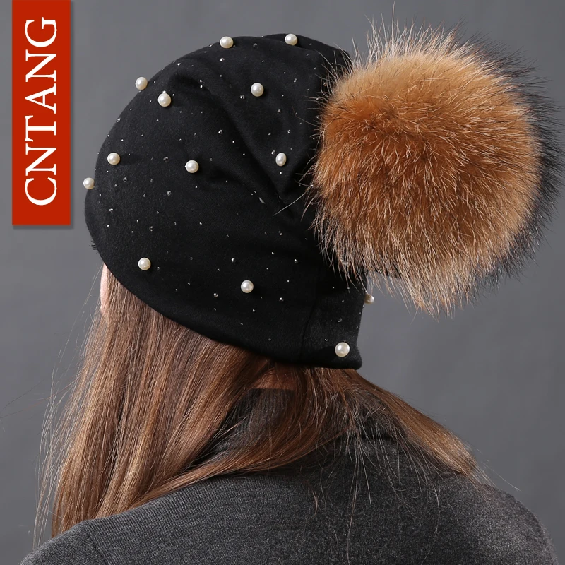 CNTANG 2024 Women\'s Fashion Hat Autumn Winter Rhinestones Pearl Hats Female Beanies Natural Raccoon Fur Pompom Cotton Warm Caps