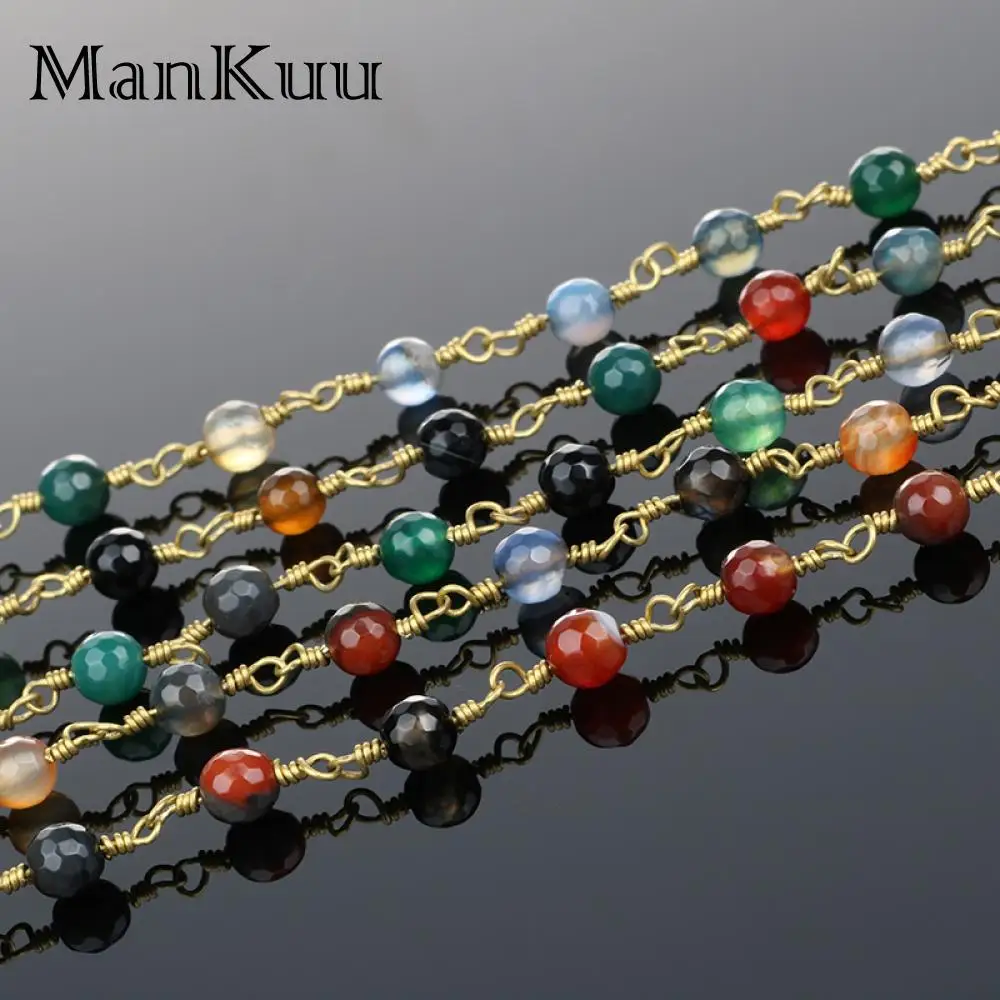 Mankuu 6mm Faceted Rainbow agaty kamienny koralik łańcuchy do różańca tworzenia biżuterii 5 m/partia hurtownie ręcznie robione złoto poszycia koralik łańcuchy