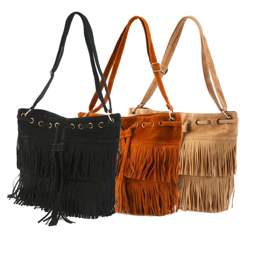 Retro Style Women Messenger High capacity bags Tassel Shoulder Crossbody Bags for Faux Suede Handbags Drawstring Bucket Bag