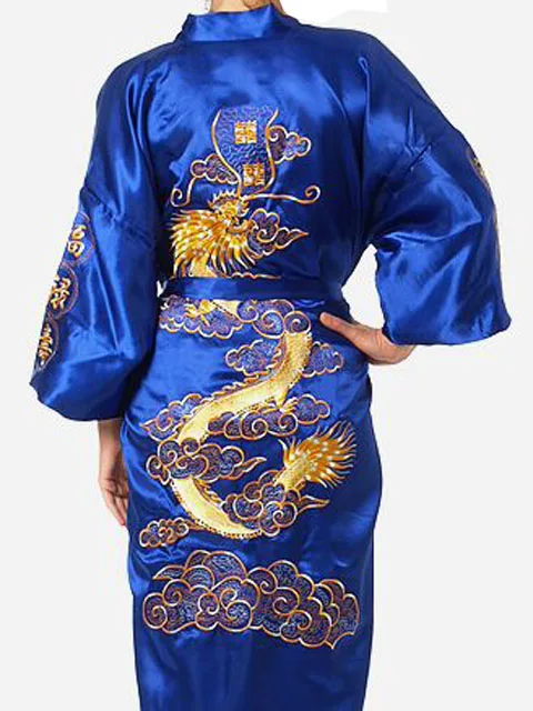 Chinese Men Silky Satin Robe Traditional Embroidery Dragon Kimono Yukata Bath Gown Loose Summer Bathrobes Sexy Nightgown