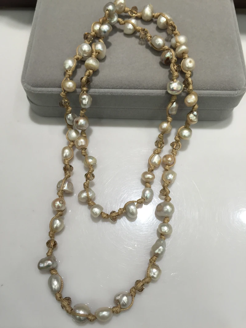 Casual Sporty Baroque Long Fresh water Pearl and Crystal necklace  Trendy Jewelry for women  beige color wax rope