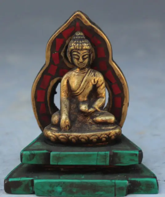 Tibet Buddhism Copper Turquoise Coral Shakyamuni Sakyamuni Buddha Statue