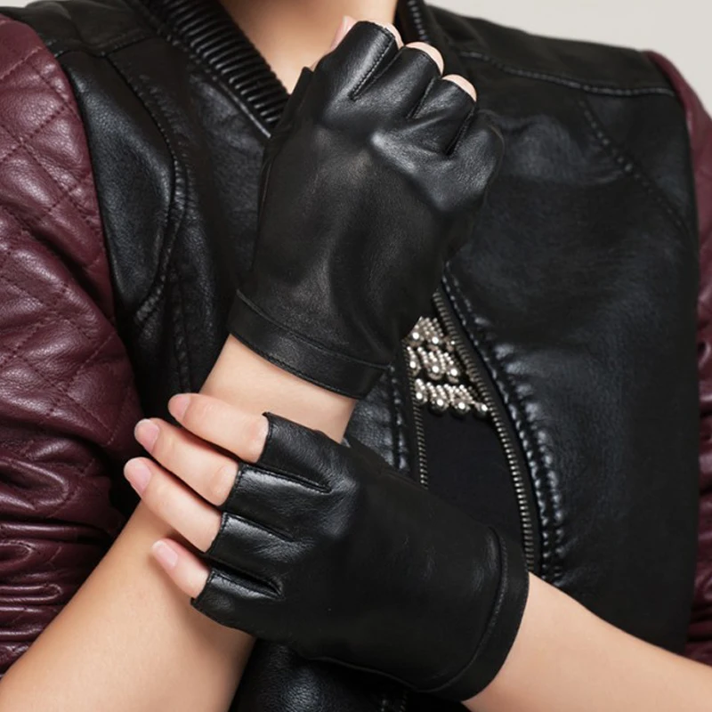 Brand Men and Women Genuine Leather Gloves Sheepskin Leather Fingerless Gloves Black Red Dance Driving Gloves Free Shipping