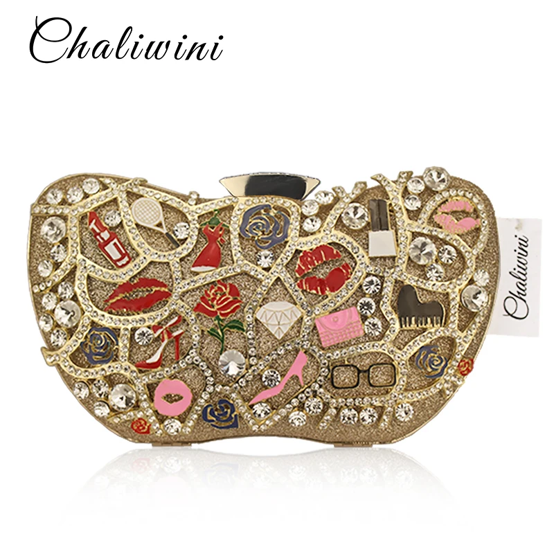 

Chaliwini Women Evening Bags Ladies Clutch Bags Red Grey Black Gold Diamond Box Wallet Wedding Party Purse 4 Colors